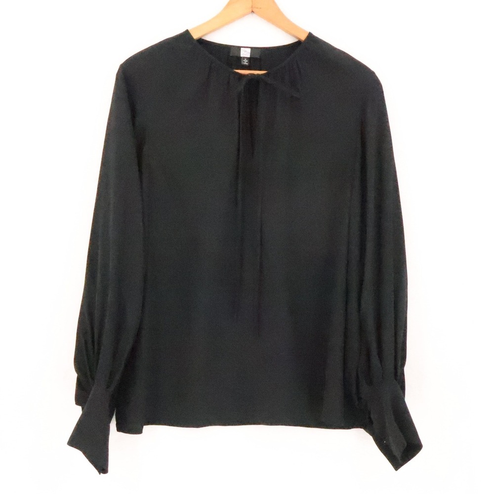 Saks Fifth Avenue Tie Neck Silk Blouse Top Womens Size 12 Black Bishop Sleeve